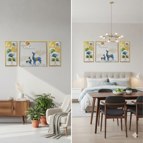 Image of iHandikart 3 Piece Metal Wall Art Deer & Ginkgo Leaf Design | 3 Panel Wall Decor for Living Room | Modern Forest Theme Metal Wall Hanging for Home, Bedroom & Hall | Deer Wall Art Set | 52x25 Inch
