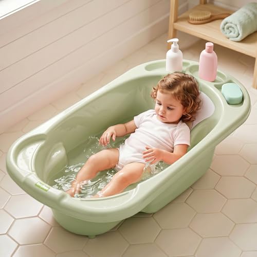 Image of Baybee Lullie Baby Bath Tub for Kids with Anti-Slip Base & Easy Drain | Babies Bathtub with Built-in Soap & Accessory Holder | Spacious Baby Bath Tub for 0-5 Years Boys Girls (Green)