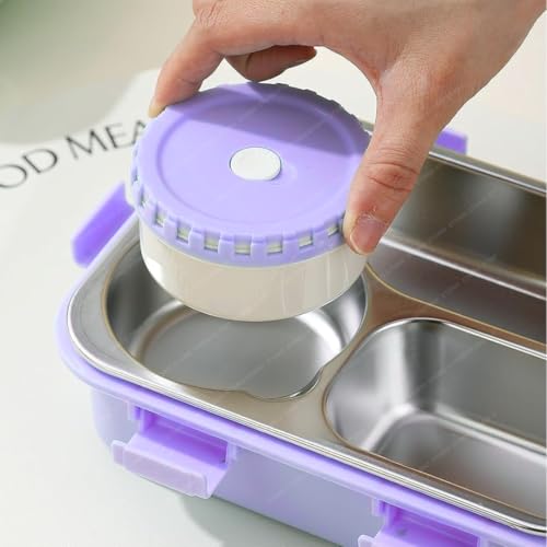 Image of Storio Lunch Box 3 Compartments 750ml | Leak-Proof BPA-Free Stainless Steel Lunchbox for Kids, School & Office | Tiffin Box with Extra Small Container | Durable & Easy to Clean - Purple
