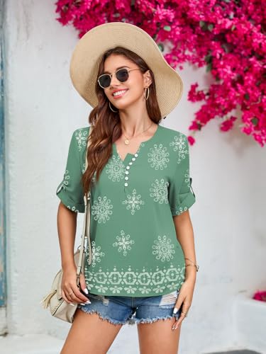 GUNEST Boho Tops for Women V Neck Short Sleeve Blouse Vintage Unique Floral Blouses Green S — view 3