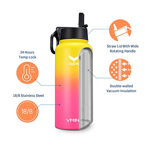 Vmini Water Bottle with New Wide Handle Straw Lid, Wide Mouth Vacuum Insulated 18/8 Stainless Steel, 32oz, Gradient Yellow + Pink