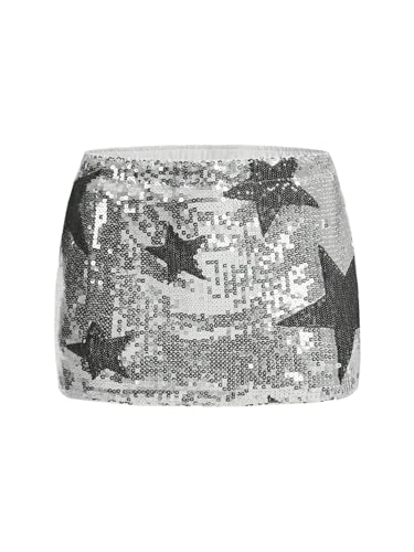 WDIRARA Women's Sparkly Sequin Bodycon Mini Skirt Low Rise Star Graphic Party Club Rave Skirts Silver X Large