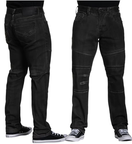 Affliction Men's Black Denim Jeans, Distressed Moto Style, Straight Leg Cut with Contrast Stitching