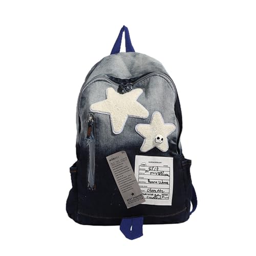 KANGDAWEI Cute Star Denim Backpack, Grunge Y2K Vintage Fashion Bookbag, Aesthetic Emo 2000s Backpack for Women Men Casual Bag (Blue)
