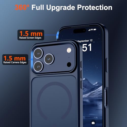 Image of SUPFINE Magnetic for iPhone 17 Pro Case with Screen Protector (Compatible with MagSafe)(Military Grade Drop Protection) Translucent Matte Shockproof with Anti-Fingerprint Phone Cover,Dark Blue