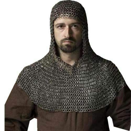 AnNafi® Chainmail Coif U-Neck Chain Mail Hood | Medieval Templar Crusader Re-enacment Armor Costume Halloween (BLACKENED
