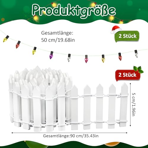 Honosen Wichtel Zubehör Weihnachten, 2 Stück Wichtel Zaun Gartenzaun 180×5cm mit 2 Wichtel Lichterkette, Puppenhaus Zubehör, Wichteltür Zubehör, Miniatur Deko für Mini Feengarten Modellbau Blumentopf