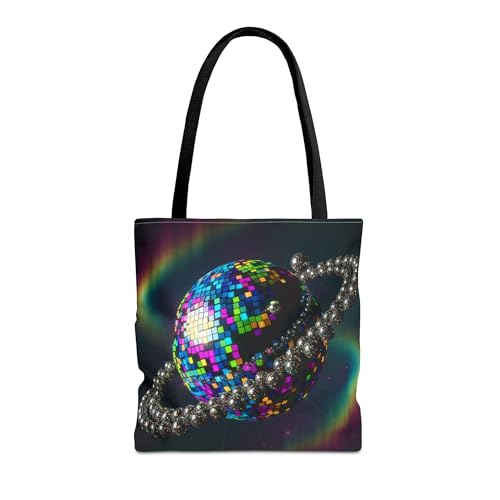 Premium Tote Bag - A Colorful Disco Planet Glowing with Mirrors - Reinforced Stitching