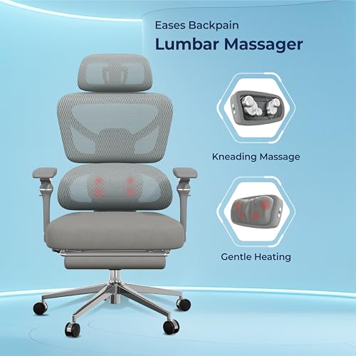 Image of The Sleep Company Tranquo Massager Ergonomic Office Chair | Patented SmartGRID Seat | Kneading Lumbar Massager | 2D Headrest | 7D Armrests | 135 Recline, Chrome Wheelbase | Free Installation | Grey