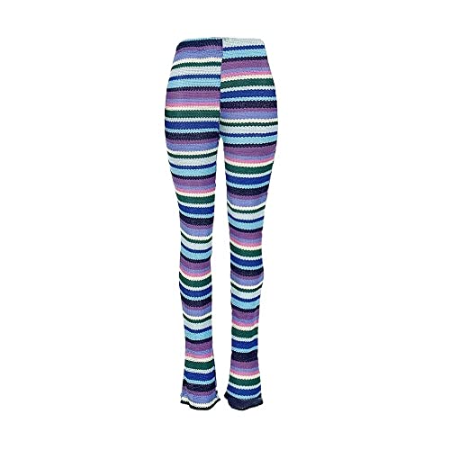 Fazoacou Women Stacked Stripes Knit Long Pants Spliced High Waist Patchwork Crochet Leggings Bottoms Blue Purple L #TOP1