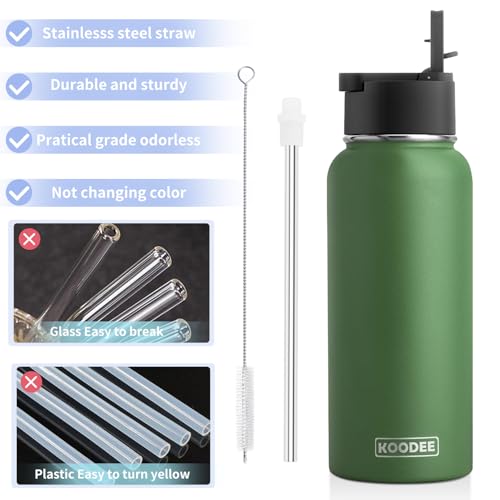 Image of koodee 32 oz Stainless Steel Water Bottle-Double Wall Vacuum Insulated Sports Water Bottle for Men-Reusable Travel Leakproof Water Flask with 3 Lids and Silicone Boot, BPA Free(Grass Green)