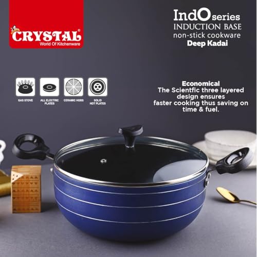 Image of Crystal Indo Series Non Stick Induction Base Deep Kadai 280Mm with Glass Lid