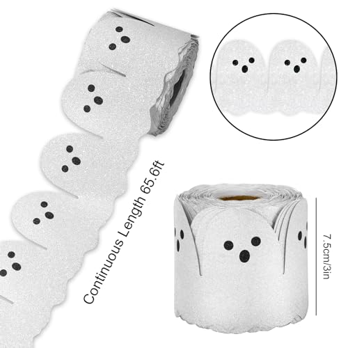 Image of Whaline 65.6Ft Halloween Bulletin Board Border Glitter White Ghost Die Cut Trim Border Roll for Spooky Chalkboard Wall Decor