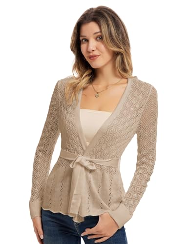 GRACE KARIN Cardigan à manches longues pour femme décontracté col en V ouvert sur le devant élégant pull en tricot creux avec ceinture