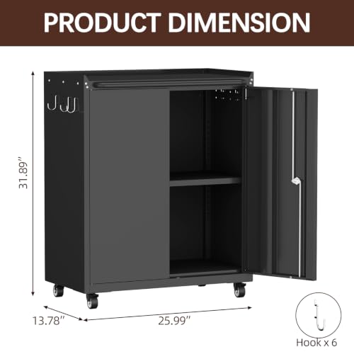 Image of Metal Cabinet with Wheels, Steel Cabine with Locking Doors, Small Cabinet with Adjustable Shelf, Tool Cabinets for Garage, Suitable for Home Office, Garage, Office
