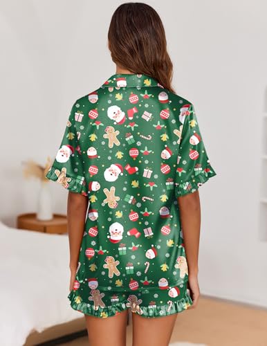 Image of Ekouaer Satin Pajama Set for Women 2 Piece Pj Sets Short Sleeve Sleepwear | Super Soft Silky Summer Loungewear Set with Ruffle Short Sleeve Top and Pocket Shorts, Casual Travel Daily Gift