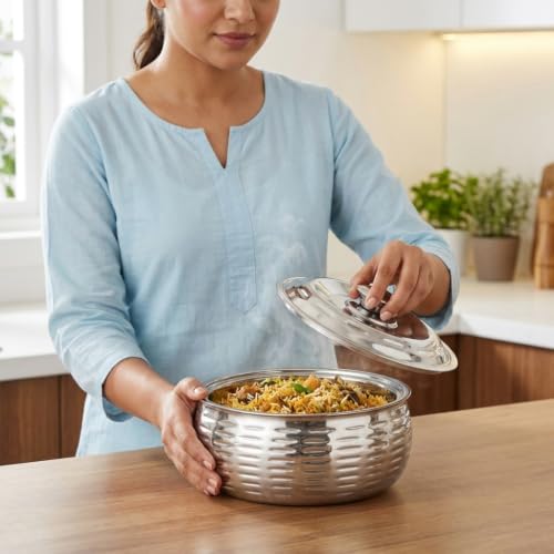 Image of CLASSIC ESSENTIALS Double Wall Insulated Stainless Steel Ripple Casserole 1500 ml | Hot Pot Food Storage & Serving Bowl | Thermal Belly Casserole for Roti, Rice, Dal, Curry & Meals