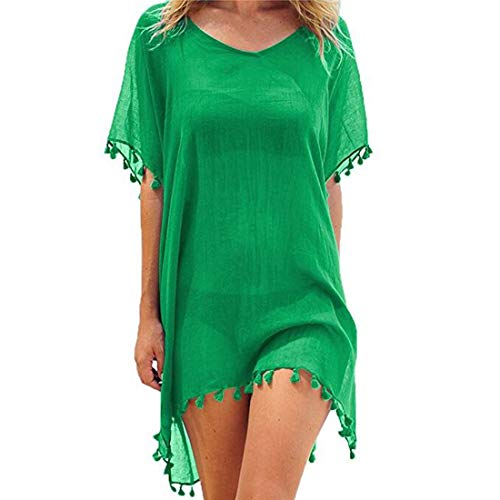 JMITHA Damen Strandponcho Sommer Strandkleid Sommerkleid Bikini Badeanzug Cover Up (One Size(XS-2XL), Grün Tassel) Cover