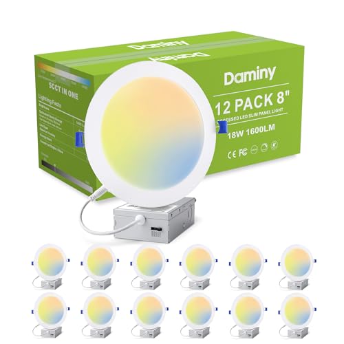 DAMINY 12 Pack 8 Inch LED Recessed Lighting with Junction Box 5CCT Ultra-Thin Recessed Light 18W 1600lm Dimmable Canless Wafer Ceiling Light High Brightness