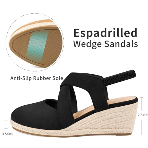 Image of HARENCE Espadrilles Wedge Sandals for Women: Comfortable Closed Toe Ankle Strap Elastic Shoes Summer Dressy Platform Heels