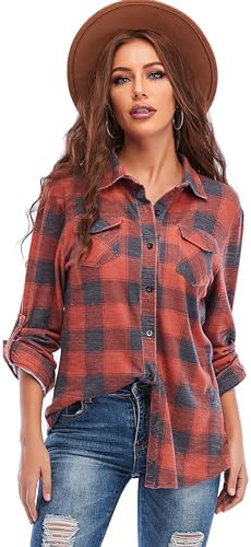 Oyamiki Womens Casual Cuffed Long Sleeve Boyfriend Button Down Plaid Flannel Shirt Tops