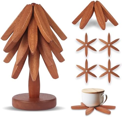 Natural Wooden Tree Trivet for Hot Dishes, 4 Sapele Wood + 1 Stand Stored Like a Christmas Tree, Pot Holders for Kitchen Decor, Artisanal Wooden Coasters Trivets Set for Coffee Pots, Hot Dishes, Bowl