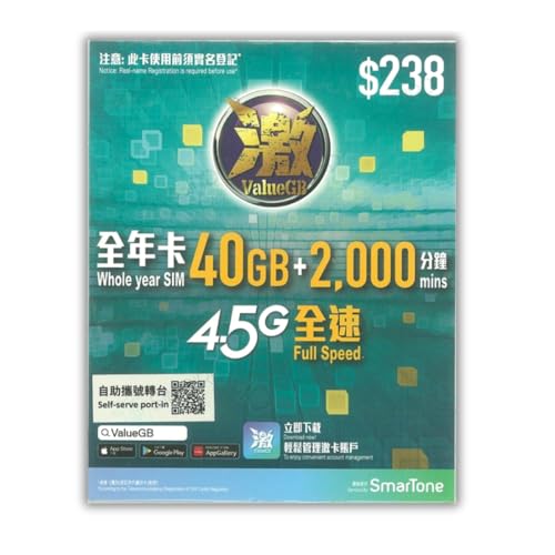 Hong Kong Prepaid Data Travel Annual SIM Card (40GB, 365 Days) 4.5G High Speed | UK/EU Activation Friendly | 2000 mins Local Number Calls | Rechargeable SIM | Business Travel