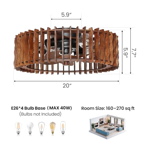 Image of Wooden Fandelier Ceiling Fan with Light and Remote, 20 inch Flush Mount Caged Ceiling Fan with Light, 6 Speed Reversible Farmhouse Low Profile Ceiling Fan for Bedroom Living Room