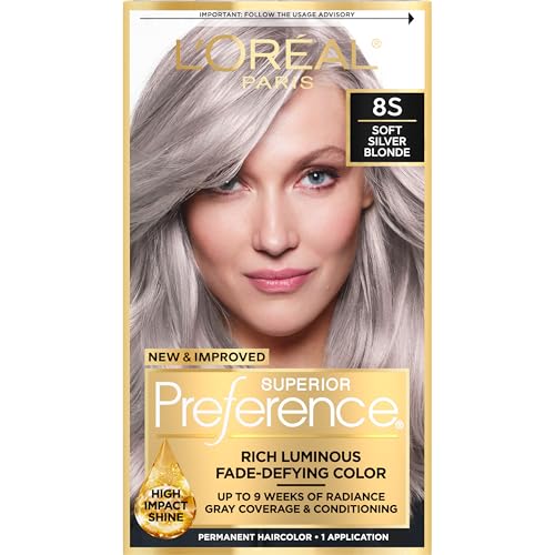 L'Oreal Paris Superior Preference Luminous Fade-Defying Permanent Hair Color, Hair Dye For Up to 9 Weeks of Radiance, Light Silver Blonde 8S, 1 Hair Dye Kit