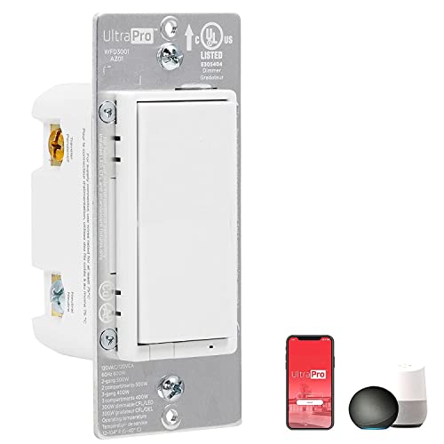 UltraPro Wi-Fi Smart Dimmer, 2.4GHz Wi-Fi, QuickFit & SimpleWire, 3 Way Dimmer, Works with Alexa, Google Assistant, SmartThings, No Hub Needed, UL Certified, Needs Neutral Wire, White, 1 Pack, 51399 UltraPro Wi-Fi Smart Dimmer, 2.4GHz Wi-Fi, QuickFit & SimpleWire, 3 Way Dimmer, Works with Alexa, Google Assistant, SmartThings, No Hub Needed, UL Certified, Needs Neutral Wire, White, 1 Pack, 51399