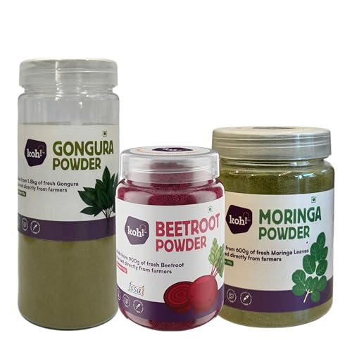 Image of KOH Veggie Powerhouse Combo Pack of 3 - Beetroot, Moringa & Gongura Powder | Pure & Natural Superfoods for Cooking, Smoothies, and Health | Rich in Protein, Fiber | No Additives