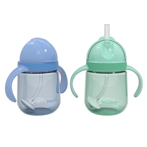 Nuby No-Spill Clik-it Silicone Straw Toddler Cup - (2 Pack) 8 oz - 360 Weighted Straw Toddler Sippy Cup for 1+ Year Old - Blue/Mint Green