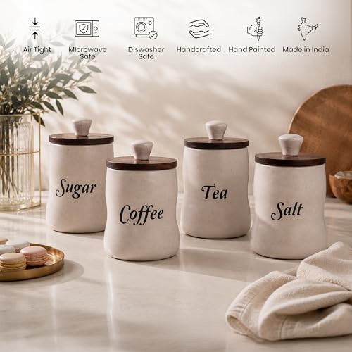 Image of Ceramic Tea Coffee Sugar Salt Containers Set of 4 with Wooden Lids | Jar and Container for Kitchen Storage Set | Multi Utility Air Tight Kitchen Organizer Items (Hand-Painted, 330 ML)