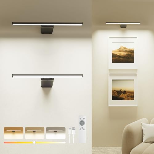 2 Pack Picture Light for Wall Rechargeable Art Light with Remote, 3 Colors & 5 Brightness Levels, 12000mAh Battery Operated Lights for Pictures,Painting,Gallery, Bedroom, Hallway, Frame, Living Room