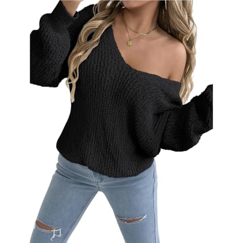 Chvity Off The Shoulder Knit V Neck Sweater for Women