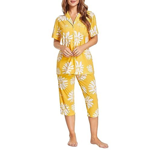 Image of Tugege Capri Pajamas Set Womens Button Down Short Sleeve Lounge Sets Sleepwear Notch Collar Top & Capri 2 Piece PJ Sets