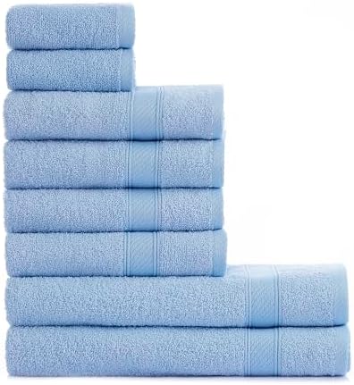 nottoc Handtücher Set Hellblau 8-TLG / 2 Badetücher 70x140 + 4 Handtücher 50x90 + 2 Gästehandtücher 30x50 - Handtuch mit Aufhänger 100% Baumwolle Saugfähige Weiche Luxus Duschhandt