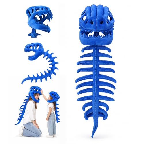 Sachie Blue Spinosaurus Dinosaur Skeleton Costume Set, 3D Dinosaur Skeleton Headgear Skull Headpiece with Spine Back, Halloween Christmas Cosplay Party Outfit for Kids Adults (Blue - Small 31.5in 1PC)