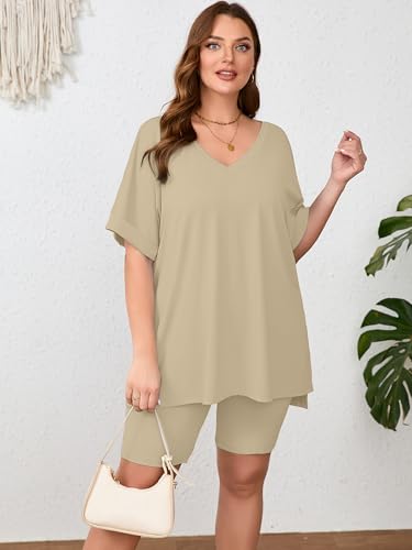 Image of AusLook Women's Plus Size 2 Piece Short Outfits Set Short Sleeve Tops and Shorts Pants Lounge Jogging outfits Matching Set