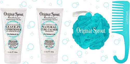 Original Sprout Leave-In Conditioner 4oz & Natural Curl Calmer 4oz Set For Babies & Up 100% Vegan Includes FREE Shower Pouf & Comb