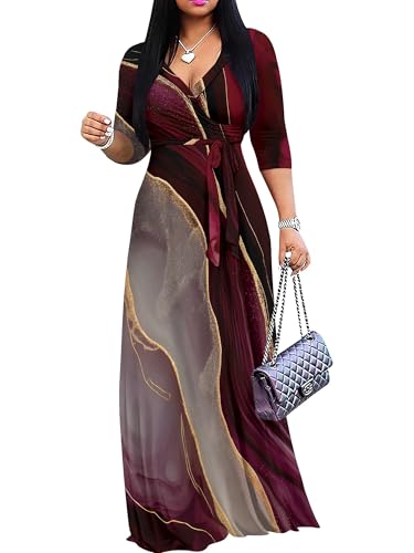 Image of Plus Size Dresses for Women Print Maxi Dresses 3 /4 Sleeve with Belt