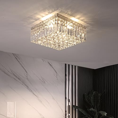 13.7" Modern Crystal Chandelier, 4-Light Chrome Crystal Flush Mount Chandelier, K9 Square Luxury Ceiling Lights Raindrop Chandeliers Light Fixture for Dining Room Entryway Foyer Bedroom Kitchen by CEENLI - Used condition - Image 2