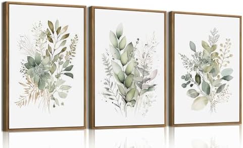 Framed 3 Piece Green Botanical Wall Art Boho Floral Canvas Prints...