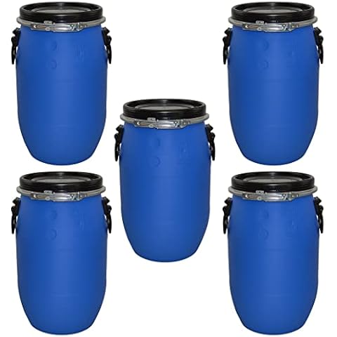Five x 30 Litre Plastic Blue Open Top Storage Barrel Drum Keg with Lid and Latch Ring, UN Approved, Food Grade for Shipping, Air Tight Cover