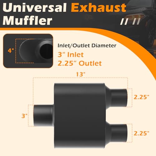 Image of A-KARCK Universal Exhaust Muffler 3 inch Center Inlet 2.25 inch Dual Outlet, 13 inch Overall Length Aluminized Steel Aggressive Sound Race Muffler for Cars, Trucks (Black)