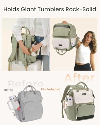Image of LOVEVOOK Laptop Backpack for Women with Giant Tumbler Holder Pocket, 15.6 inch Travel Work Backpack Purse for Nurse Teacher, Waterproof Bag College Bookbag Casual Daypack Green