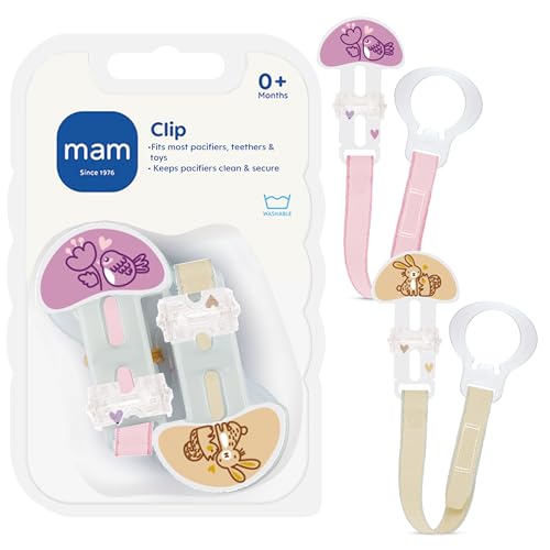 Image of MAM Universal Pacifier Clip (2 Pack) – Baby Pacifier Holder Strap with One Hand Sliding Clip, Fits All Pacifiers & Teethers, Soft Ribbon Strap, Secure Binky Clip for Babies, BPA Free