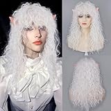 Wallden Hair Long Curly White Costume Wig with Bangs For Women and Men Heat Resistant Synthetic Mullet Funny Wigs For Halloween Christmas Party Cosplay Anime