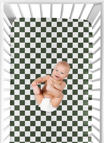 Image of Sweet Jojo Designs Fitted Baby Crib Sheets (Green Gingham Checkered) for Boys or Girls, Infant Nursery, Toddler Room - Standard Size (Gender Neutral, Plaid, Vintage, Modern, Check, Unisex, Sage White)