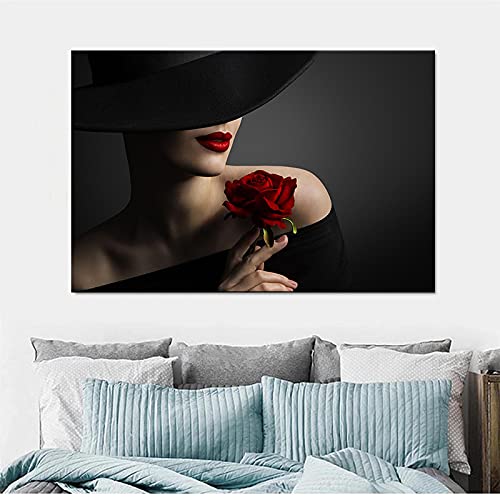 Cuadros de pared de mujer sexy con sombrero: pintura en lienzo de moda para hogar 35x50cm 2